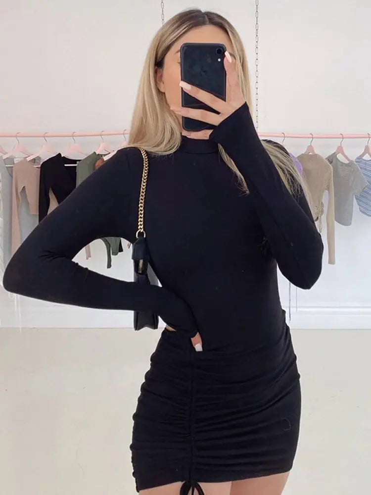 Black Turtleneck Ruched Bodycon Mini Dress for Women