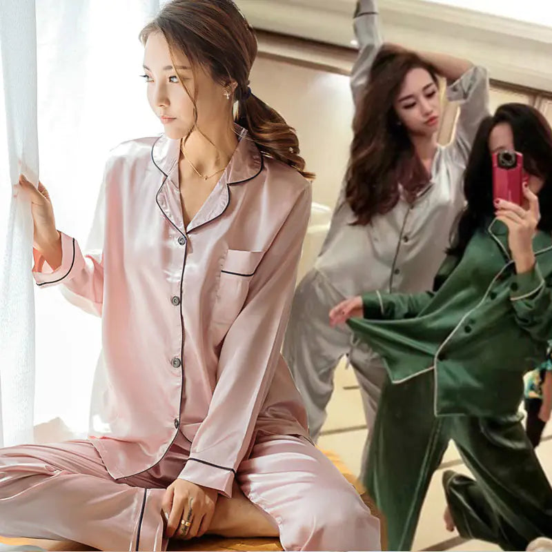 Women's Long Sleeve Satin Pajama Set for Autumn Winter