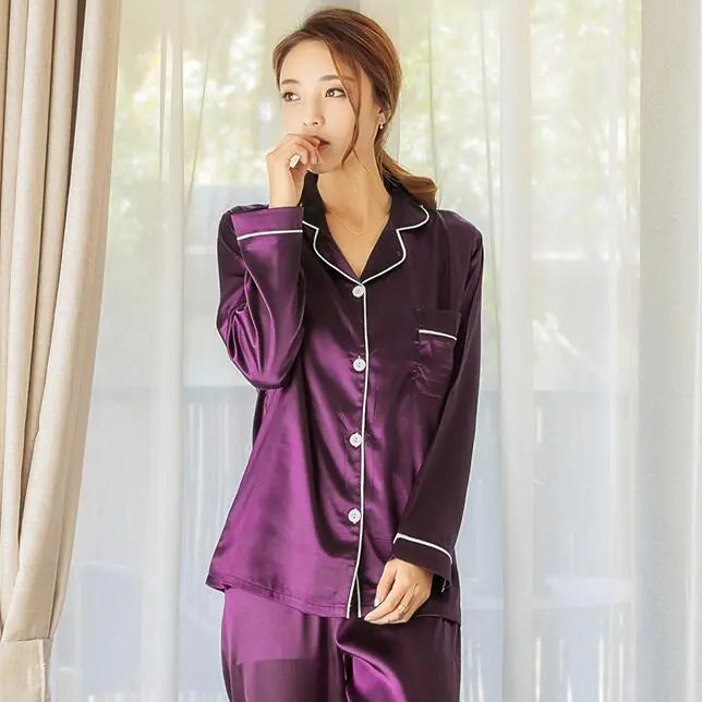 Women's Long Sleeve Satin Pajama Set for Autumn Winter